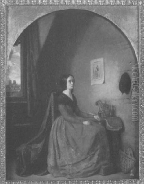 Junge Frau In Einer Dachkammer Mit Blick Auf Die Dacher Von Paris Oil Painting by Louis Coulon