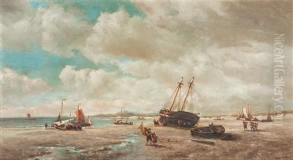 Beach Scene With Boats Oil Painting by William Coulter