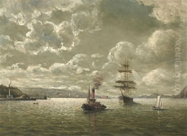 Red Stack Tug And Clipper Ship In The Golden Gate Oil Painting by William Coulter