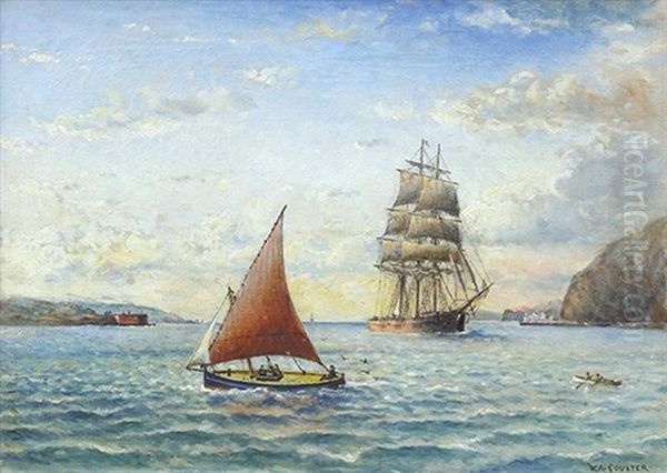 Two Ships On Wind Whipped San Francisco Bay Waters Oil Painting by William Coulter