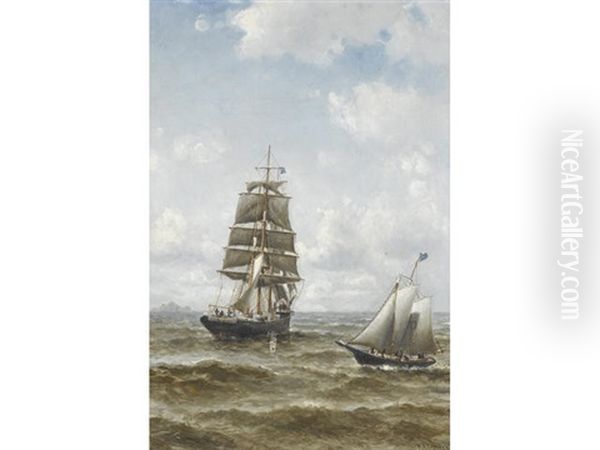 A Merchant Brig Hove To, Awaiting Pilot Boat No. 10 Oil Painting by William Coulter