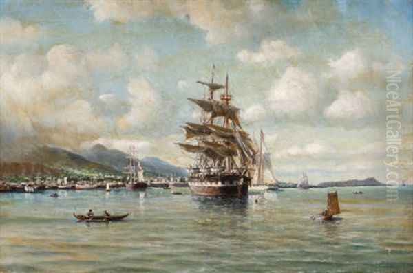 Clipper Ship In Oahu With Diamond Head In The Distance Oil Painting by William Coulter