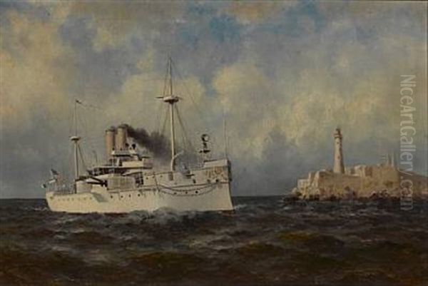 A Frigate Of The Great White Fleet Passing Alcatraz Oil Painting by William Coulter