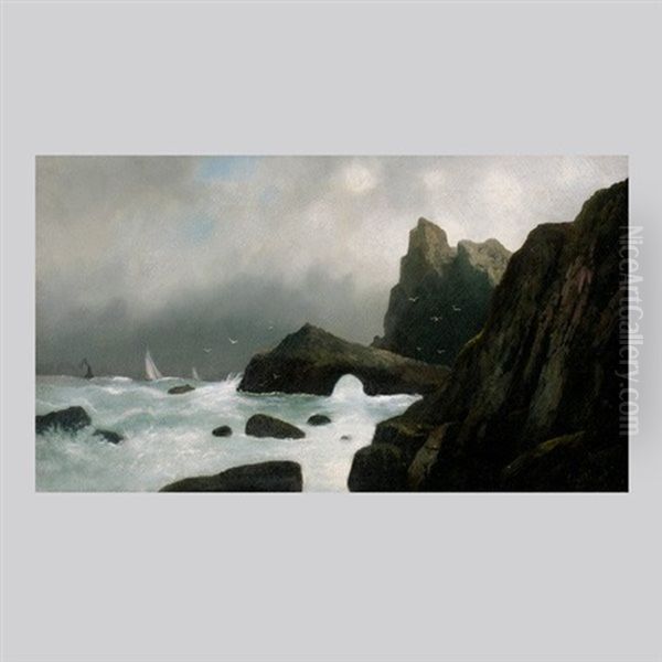 Ships In Rough Seas Off Rocky Coastline Oil Painting by William Coulter
