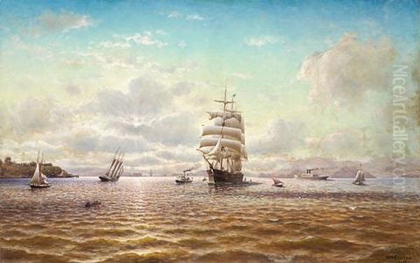 Ships Sailing In The San Francisco Bay With Fort Point In The Distance Oil Painting by William Coulter