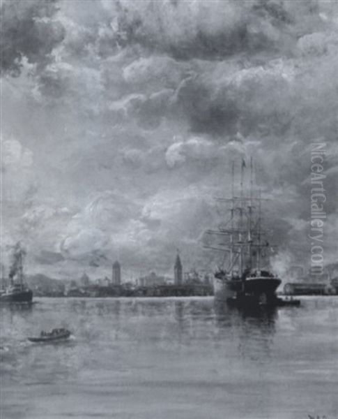 San Francisco Bay Harbour With A View Of The Ferry Building Oil Painting by William Coulter