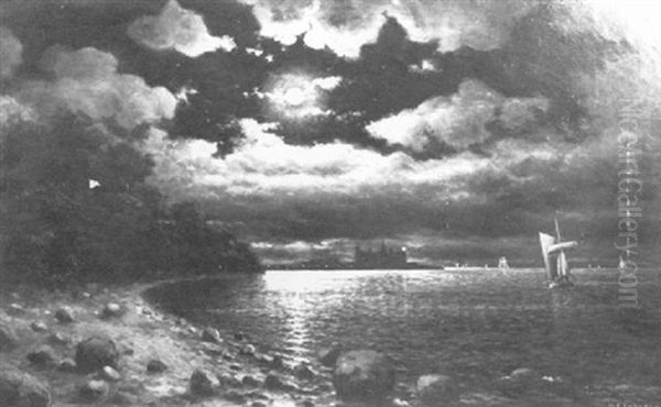 Shipping Near Shore On A Moonlit Night Oil Painting by William Coulter