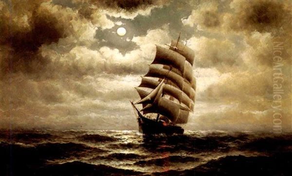 Clipper Ship Under Moonlit Skies Oil Painting by William Coulter