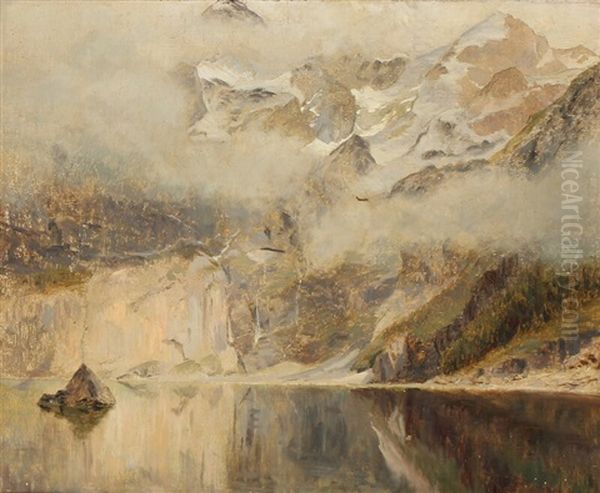 Snowcovered Mountains Reflected In A Fiord Oil Painting by Janus Andreas Bartholin La Cour