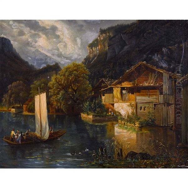Schweizer Bergsee Mit Segelboot Und Bauernhausern Oil Painting by Janus Andreas Bartholin La Cour