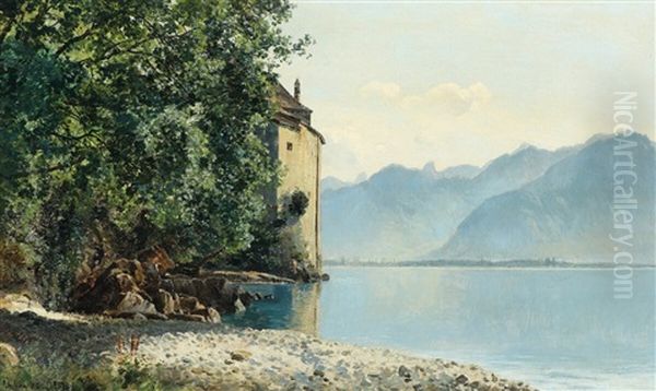 Castle Chillon By Lake Geneva Oil Painting by Janus Andreas Bartholin La Cour