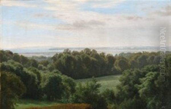 Landscape With Rolling Hills Overlooking A Fiord Oil Painting by Janus Andreas Bartholin La Cour