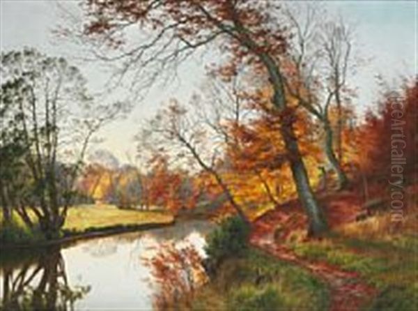 An Autumn Day At A Stream Oil Painting by Janus Andreas Bartholin La Cour