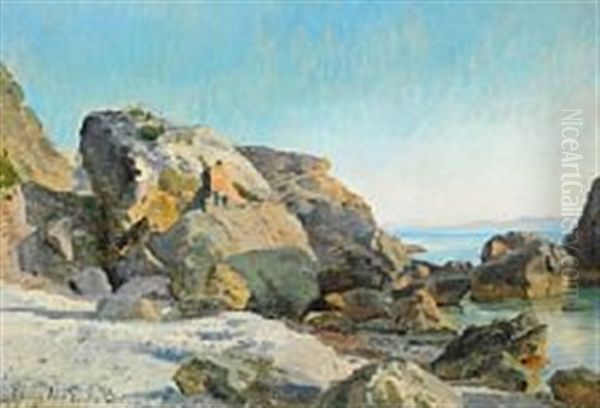 Rocky Coast At Capri Oil Painting by Janus Andreas Bartholin La Cour
