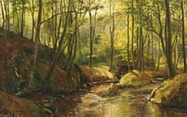 The Stream At Moesgaard Forest Oil Painting by Janus Andreas Bartholin La Cour