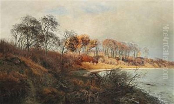 Ved Stranden Formiddag I Maj. At The Beach In The Morning A Day In May. At Moesgaard Beach Oil Painting by Janus Andreas Bartholin La Cour