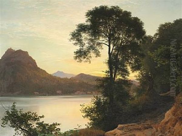 Aften Ved Lugano Oil Painting by Janus Andreas Bartholin La Cour