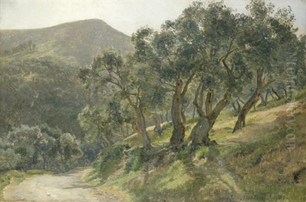 Mediterrane Berglandschaft Mit Von Olivenbaumen Gesaumtem Weg Oil Painting by Janus Andreas Bartholin La Cour