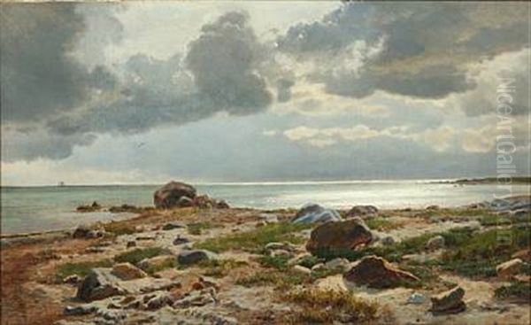 Coastal Scene With Big Rocks On The Beach At Vosnaes, Kalo Vig (study) Oil Painting by Janus Andreas Bartholin La Cour