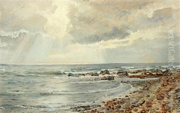 Coastal Scenery With The Sun Shining Through The Clouds Oil Painting by Janus Andreas Bartholin La Cour