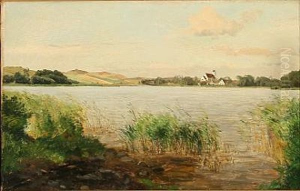 Fjord Scene With A Whitewashed Church In The Background Oil Painting by Janus Andreas Bartholin La Cour