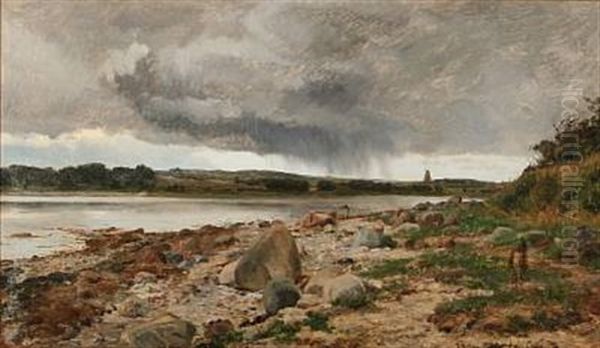 Ved Stranden - Optraekkende Uveir I August (stormy Weather In August At Kalo Vig, Denmark) Oil Painting by Janus Andreas Bartholin La Cour