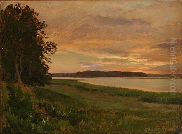 Landskab Med So. Solnedgang Oil Painting by Janus Andreas Bartholin La Cour