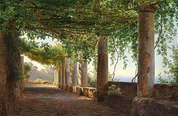 Parti Fra Italien. Udsigt Over Havet Fra En Loggia (capri?) Oil Painting by Janus Andreas Bartholin La Cour