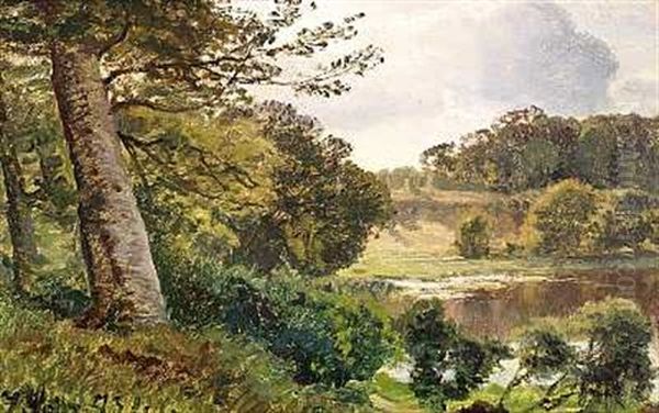 Septemberlandskab Med Traeer Ved En So Oil Painting by Janus Andreas Bartholin La Cour