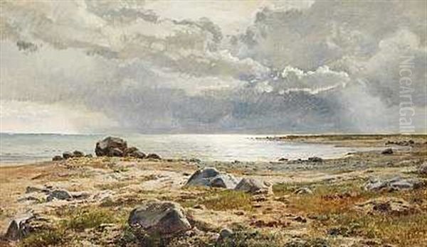 Strandparti Fra Helgenaes Med Gra Skyer Over Havet Oil Painting by Janus Andreas Bartholin La Cour