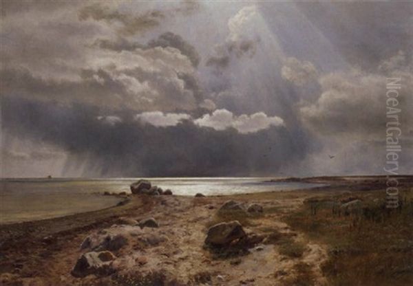 Kystlandskab Med Uverjrshimmel Og Solspejling I Vandet Oil Painting by Janus Andreas Bartholin La Cour