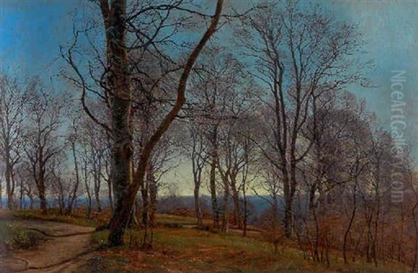 Forarsdag I Riisskov Med Blomstrende Anemoner, Samt Udsigt Over Aarhusbugten Oil Painting by Janus Andreas Bartholin La Cour