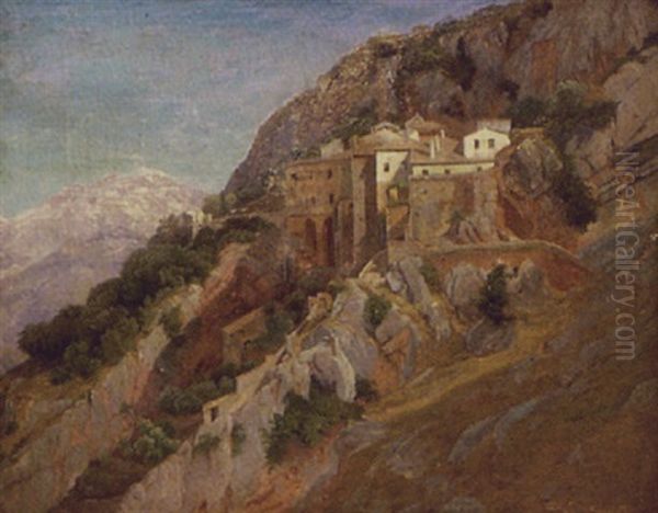 Sydlandsk Bjergparti Med Huse Oil Painting by Janus Andreas Bartholin La Cour