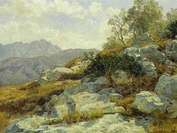 Klippelandskab Med Oliventraeer Oil Painting by Janus Andreas Bartholin La Cour