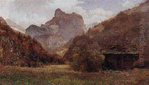 Bjerglandskab Med Traehus Oil Painting by Janus Andreas Bartholin La Cour