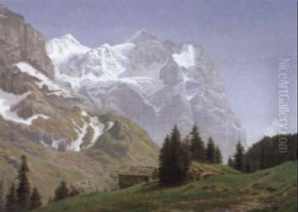Dal Ved Wetterhorn, I Forgrunden S+tterhytte Oil Painting by Janus Andreas Bartholin La Cour