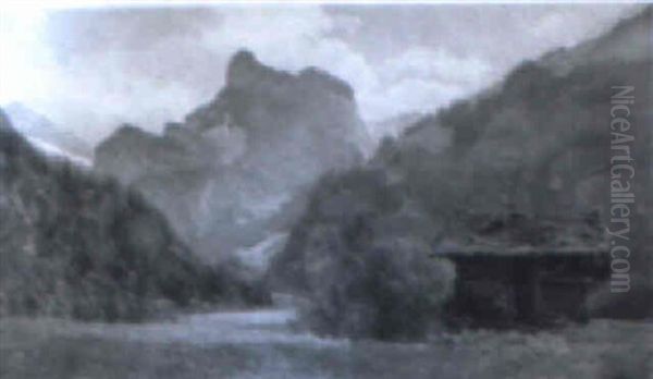 En Dal Ved Kanderstieg, I Forgrunden S+tterhytte Oil Painting by Janus Andreas Bartholin La Cour