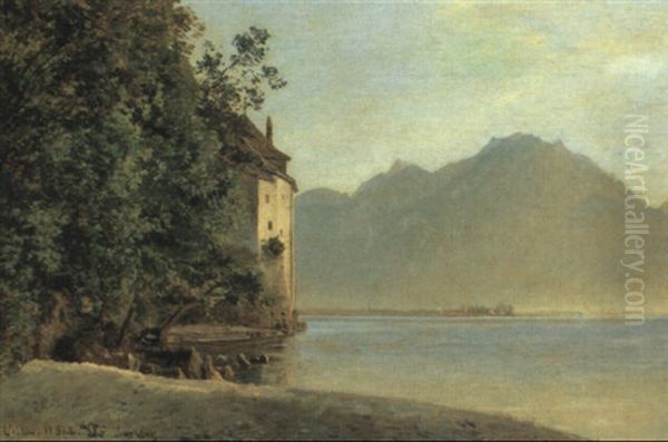 Chateau Chillon Med Udsigt Over Genfers+en Oil Painting by Janus Andreas Bartholin La Cour