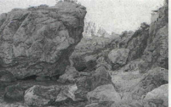 Klippeparti Fra Capri, I Baggrunden By Oil Painting by Janus Andreas Bartholin La Cour