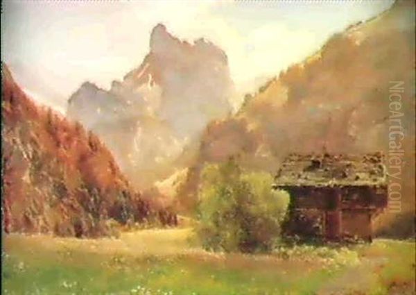 En Dal Ved Kandersteg, I Forgrunden En Saeterhytte Oil Painting by Janus Andreas Bartholin La Cour