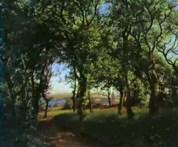 I Udkanten Af En Egeskov Med Udsigt Mod Hobro Oil Painting by Janus Andreas Bartholin La Cour