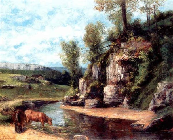 Les Roches Noires, Femme Abreuvant Sa Vache Oil Painting by Gustave Courbet
