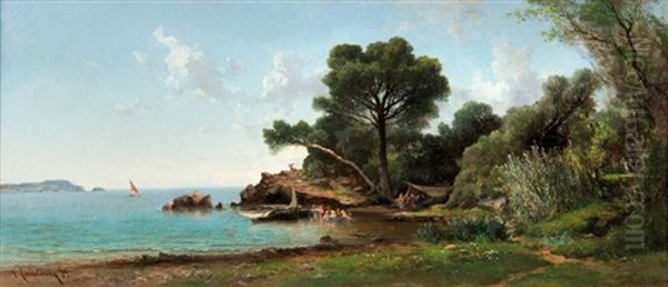 Plage Animee Aux Alentours De Toulon Oil Painting by Vincent Courdouan