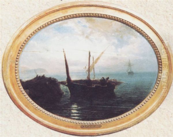 Bateaux Et Pecheurs Au Clair De Lune Oil Painting by Vincent Courdouan