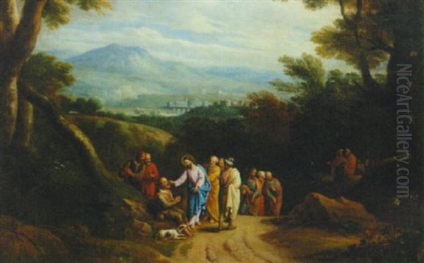 A Wooded Landscape With Christ Healing The Blind Man Oil Painting by Martinus De La Court