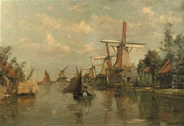 Zicht Op De Zaan: Mills Along The River Zaan Oil Painting by Franz Courtens