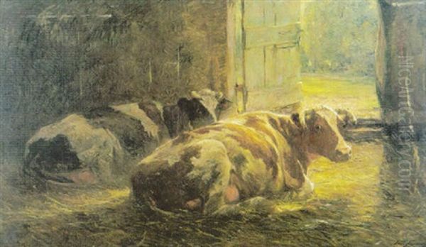 Rustende Koeien In Een Stal (l'epoque De La Velee) Oil Painting by Franz Courtens
