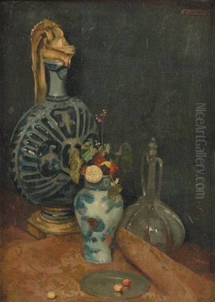Nature Morte A La Carafe Et Au Vase De Fleurs Oil Painting by Gustave Claude Etienne Courtois