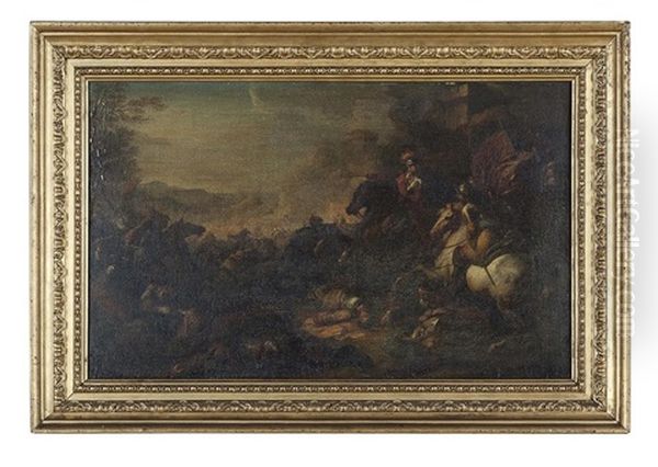 A Cavalry Skirmish; An Officer And Troops Leaving A Grotto (2 Works) Oil Painting by Jacques Courtois
