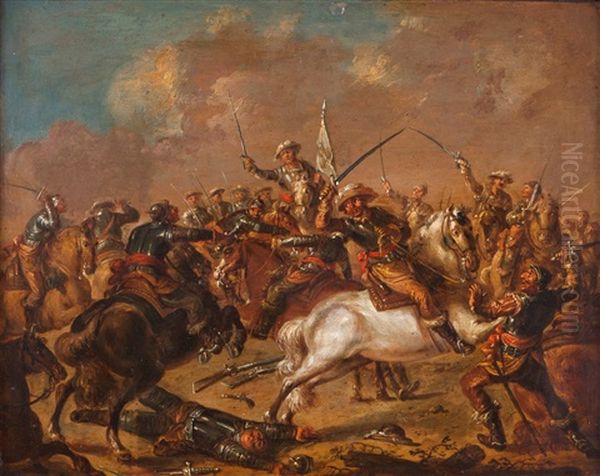 Battle Scenes (pair) Oil Painting by Jacques Courtois
